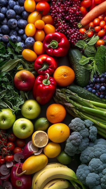 Foto una colorida exhibición de frutas y verduras orgánicas frescas dispuestas en un espectro de arco iris que simboliza la salud y la diversidad natural