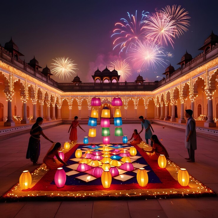 una colorida exhibición de fuegos artificiales está iluminada por la noche