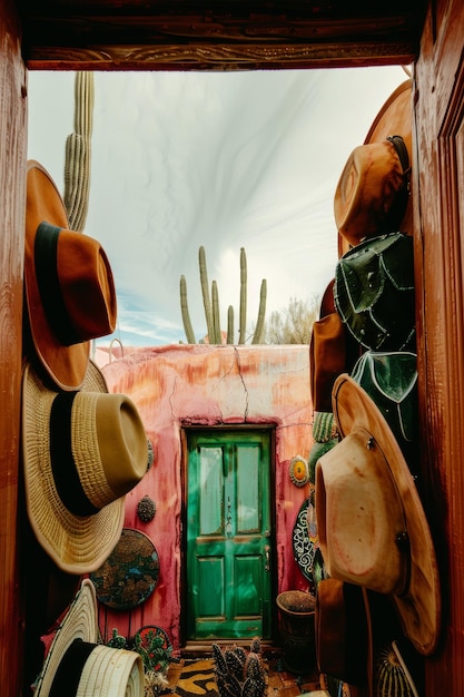Foto colorida exhibición de sombreros en una rústica tienda del suroeste con cactus en el fondo