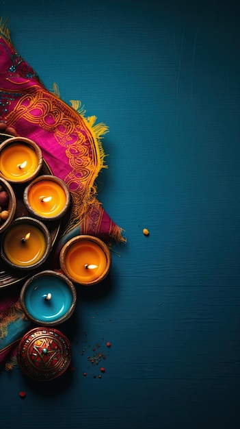 Una colorida exhibición de velas y las palabras diwali en la parte superior.