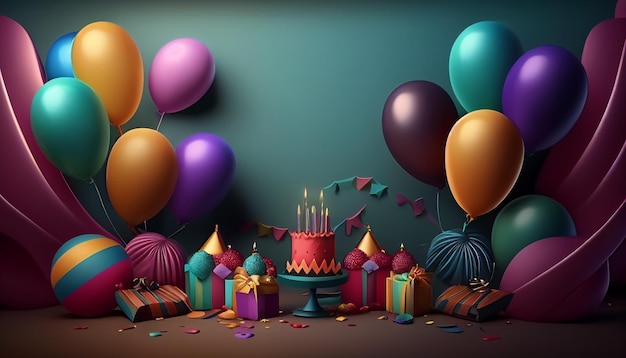 Una colorida fiesta de cumpleaños con globos y un pastel.