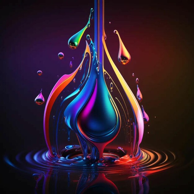 Una colorida gota de líquido se vierte en un charco de agua.