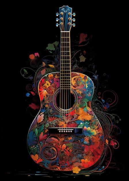 Una colorida guitarra acústica sobre un fondo oscuro Imagen generada por IA