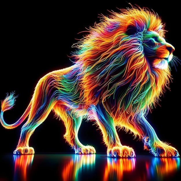 La colorida y hermosa silueta de un león feroz hecha de millones de cuerdas de neón ultra brillantes
