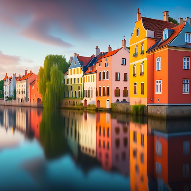 Colorida hilera de casas en un lago Reflejo de casas en el agua Edificios antiguos en Europa