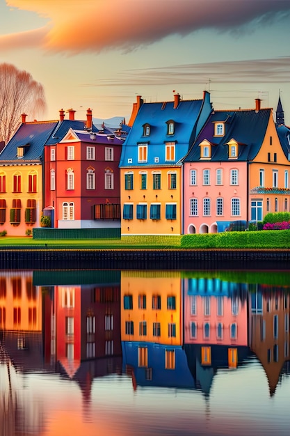 Colorida hilera de casas en un lago Reflejo de casas en el agua Edificios antiguos en Europa