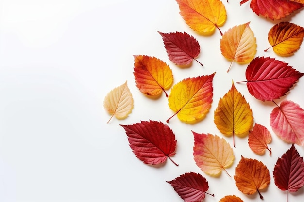 Una colorida hoja de otoño sobre un fondo blanco.