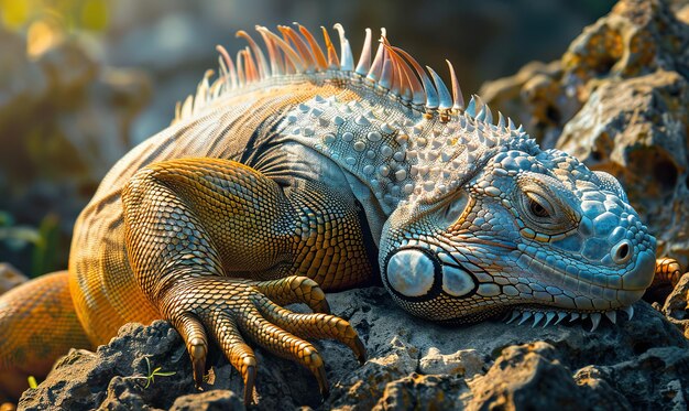 Una colorida iguana tomando el sol en las rocas junto a la orilla de las aguas Genera IA