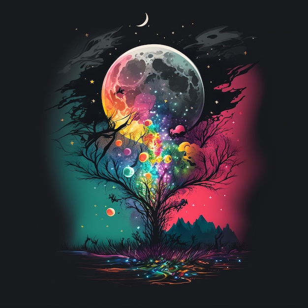 Una colorida ilustración de un árbol con una luna al fondo.