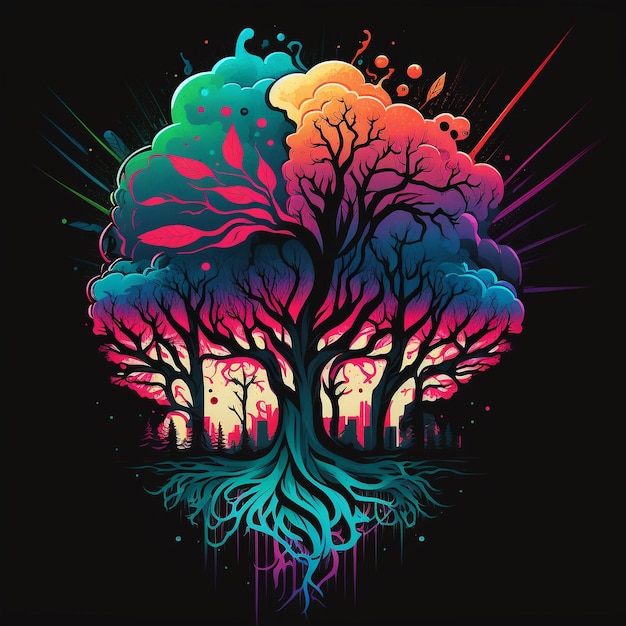 Una colorida ilustración de un árbol con la palabra árbol en él