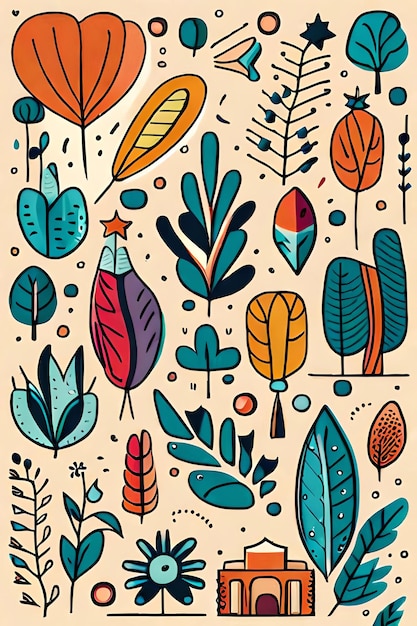 Una colorida ilustración de árboles y hojas.