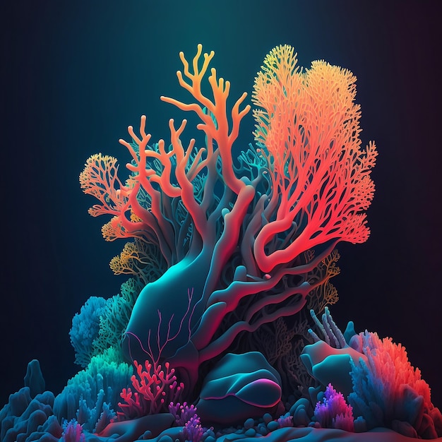 Una colorida ilustración de un arrecife de coral con un fondo azul.