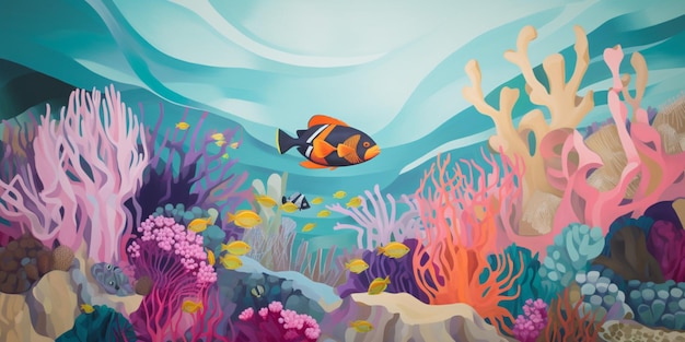 Una colorida ilustración de un arrecife de coral con un pez y un fondo azul.