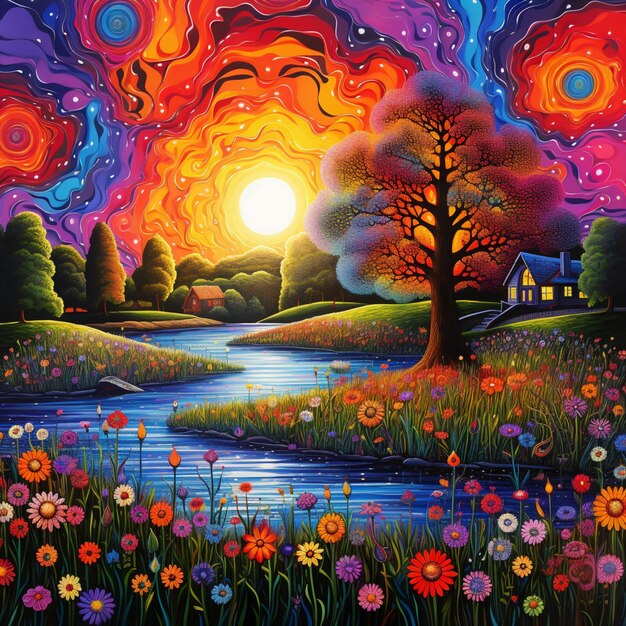 colorida ilustración artística puesta de sol y casa con jardín de flores