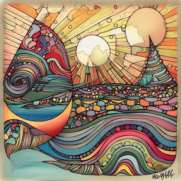 Una colorida ilustración de una ballena y un sol.