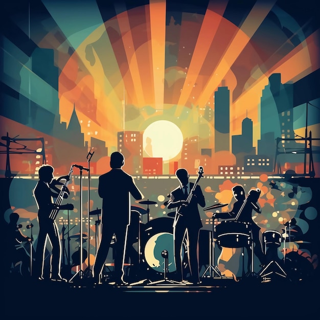 Una colorida ilustración de una banda tocando frente a un paisaje urbano.