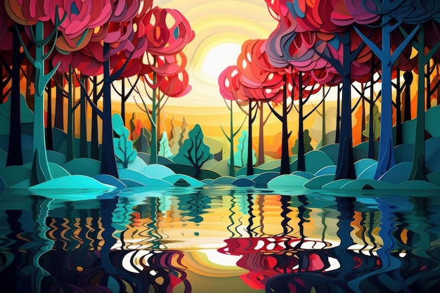 Una colorida ilustración de un bosque con árboles y el sol reflejado en el agua.