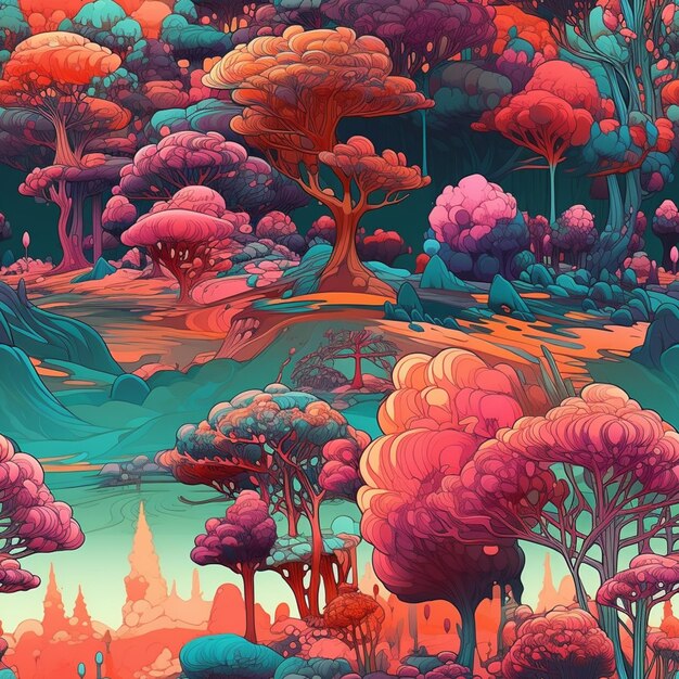 Una colorida ilustración de un bosque con un castillo al fondo.