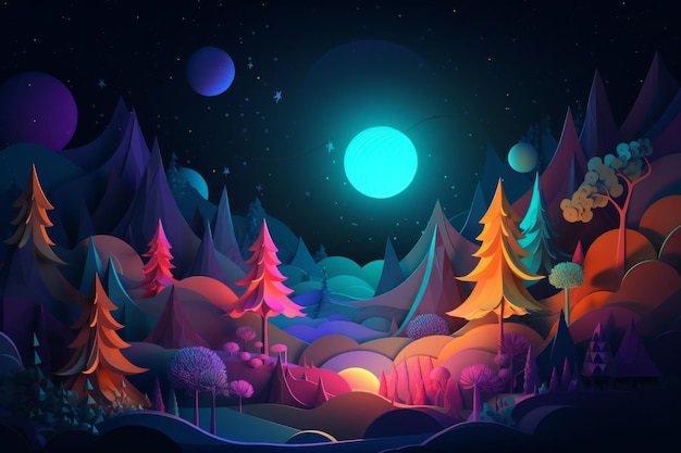 Una colorida ilustración de un bosque con luna llena al fondo.