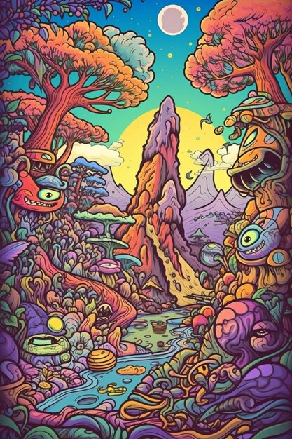 Una colorida ilustración de un bosque con una montaña al fondo.