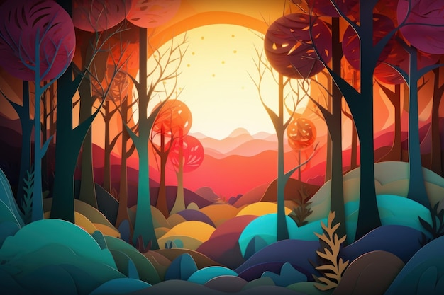 Una colorida ilustración de un bosque con un sol brillando sobre él.