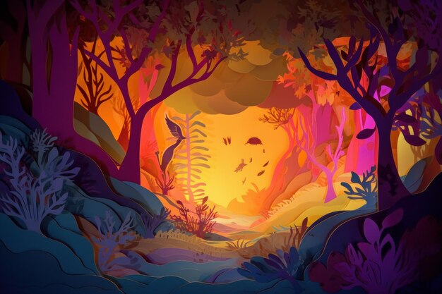 Una colorida ilustración de un bosque con un sol brillando a través de él.