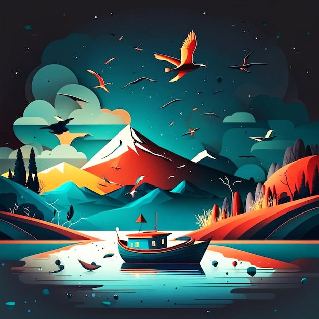 Una colorida ilustración de un bote en el agua con pájaros volando.