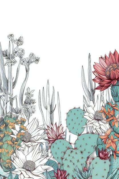 Una colorida ilustración de un cactus y flores.