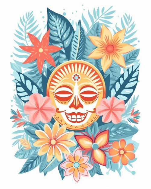 una colorida ilustración de una calavera rodeada de flores y hojas ai generativo