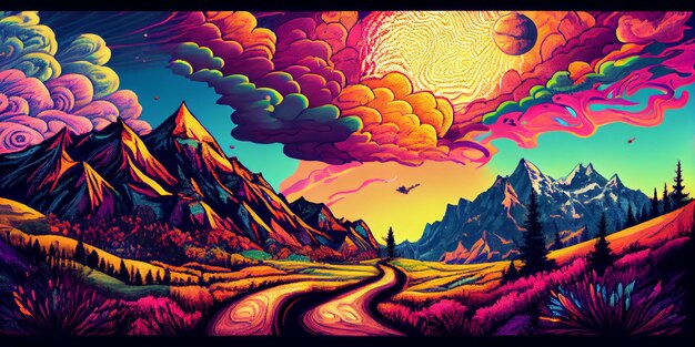 Una colorida ilustración de un camino que conduce a una puesta de sol con una montaña al fondo.