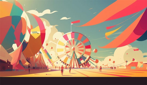 Una colorida ilustración de un carnaval con un gran globo colorido y una carpa colorida en el fondo.