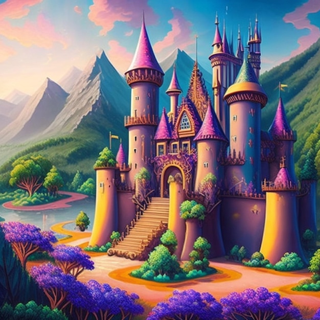 Una colorida ilustración de un castillo en morado y amarillo.