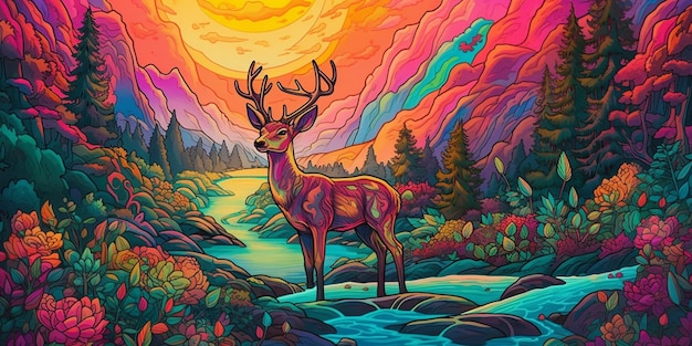 Una colorida ilustración de un ciervo con un río al fondo.