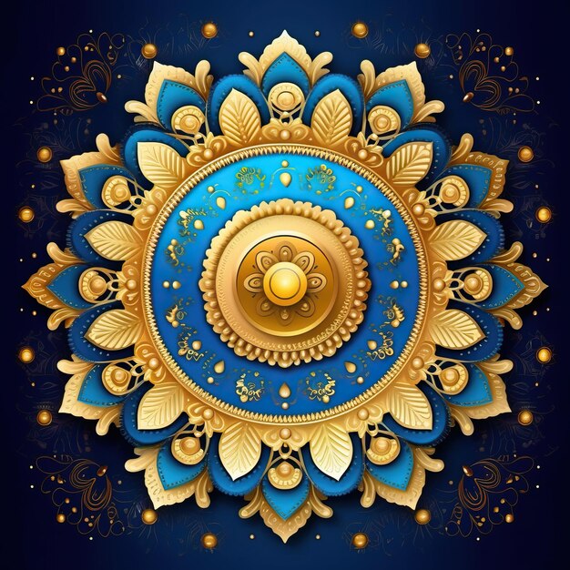 una colorida ilustración de un círculo dorado y azul con un fondo azul