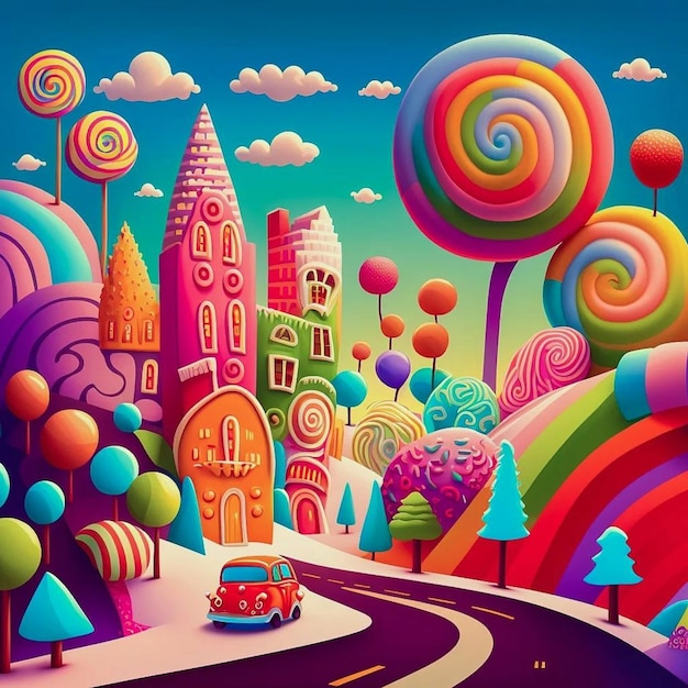 Una colorida ilustración de una ciudad con un arcoíris y un arcoíris.