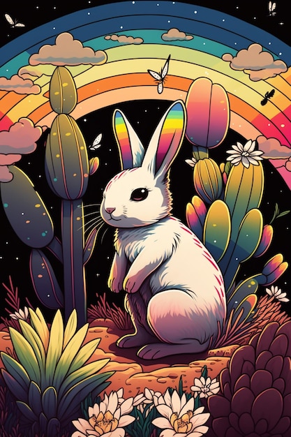 Una colorida ilustración de un conejo con los colores del arco iris en el fondo.