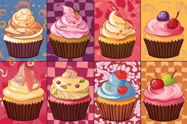 Una colorida ilustración de cupcakes con diferentes sabores.