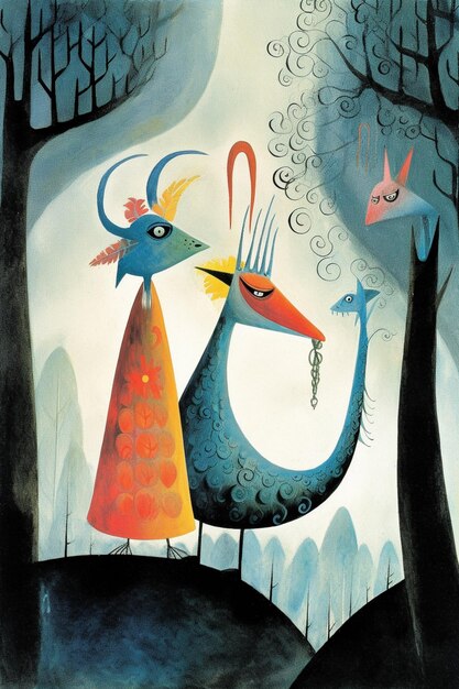 Una colorida ilustración de dos pájaros con un árbol al fondo.