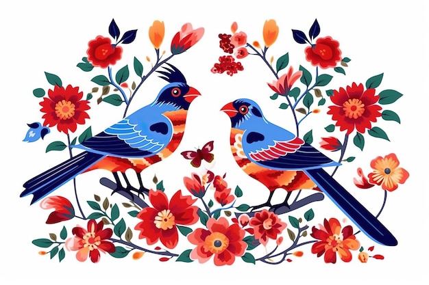 Una colorida ilustración de dos pájaros con flores rojas y una mariposa.