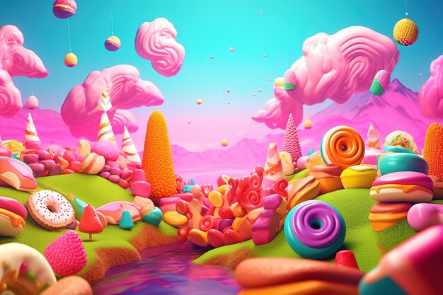 Foto una colorida ilustración de dulces y un arroyo.