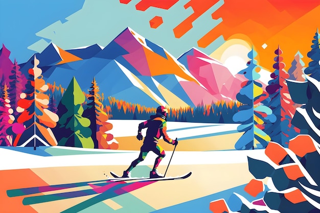 Una colorida ilustración de un esquiador frente a una montaña nevada.