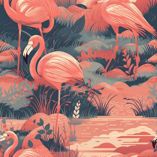 Una colorida ilustración de flamencos en una jungla con un río al fondo.