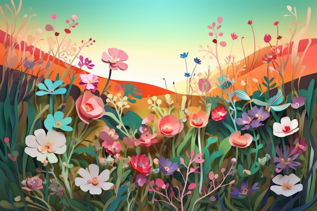 Una colorida ilustración de flores en un campo.