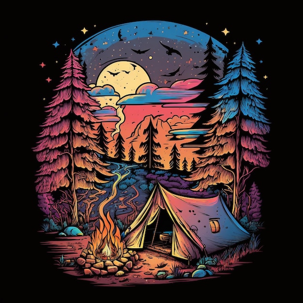 Foto una colorida ilustración de una fogata en el bosque con la luna al fondo.