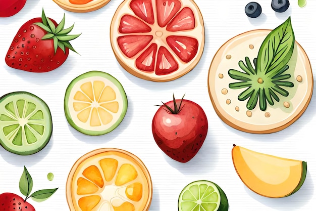 Una colorida ilustración de frutas y verduras sobre un fondo blanco.