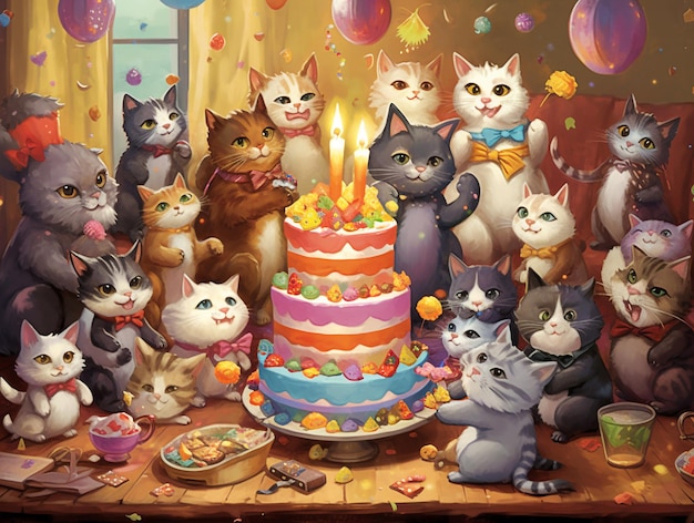 Una colorida ilustración de gatos celebrando un cumpleaños con un pastel de cumpleaños.