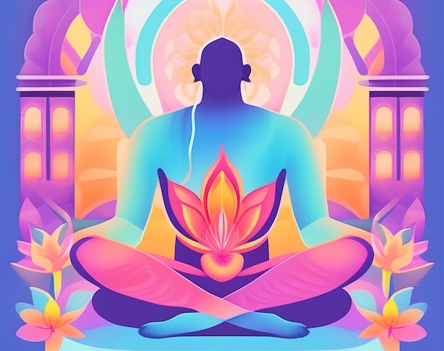 Una colorida ilustración de un hombre meditando frente a un templo con una flor de loto.