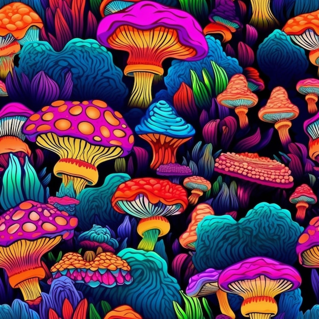 Una colorida ilustración de hongos en un bosque.