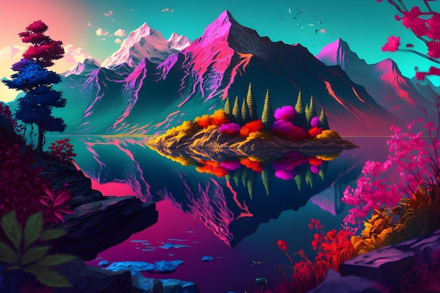 Una colorida ilustración de un lago de montaña con una montaña y un pájaro.