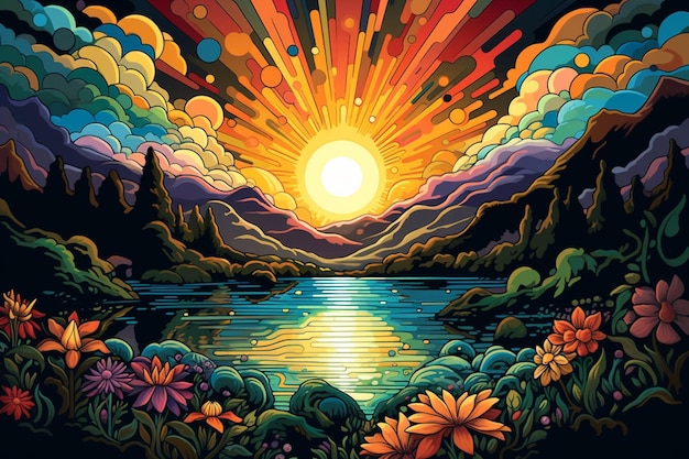 Una colorida ilustración de un lago con un sol y nubes encima.